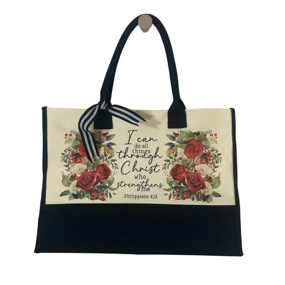 Philippians 4:13 Bible Verse Floral Rose Canvas Tote Bag Black Cream Rose Print